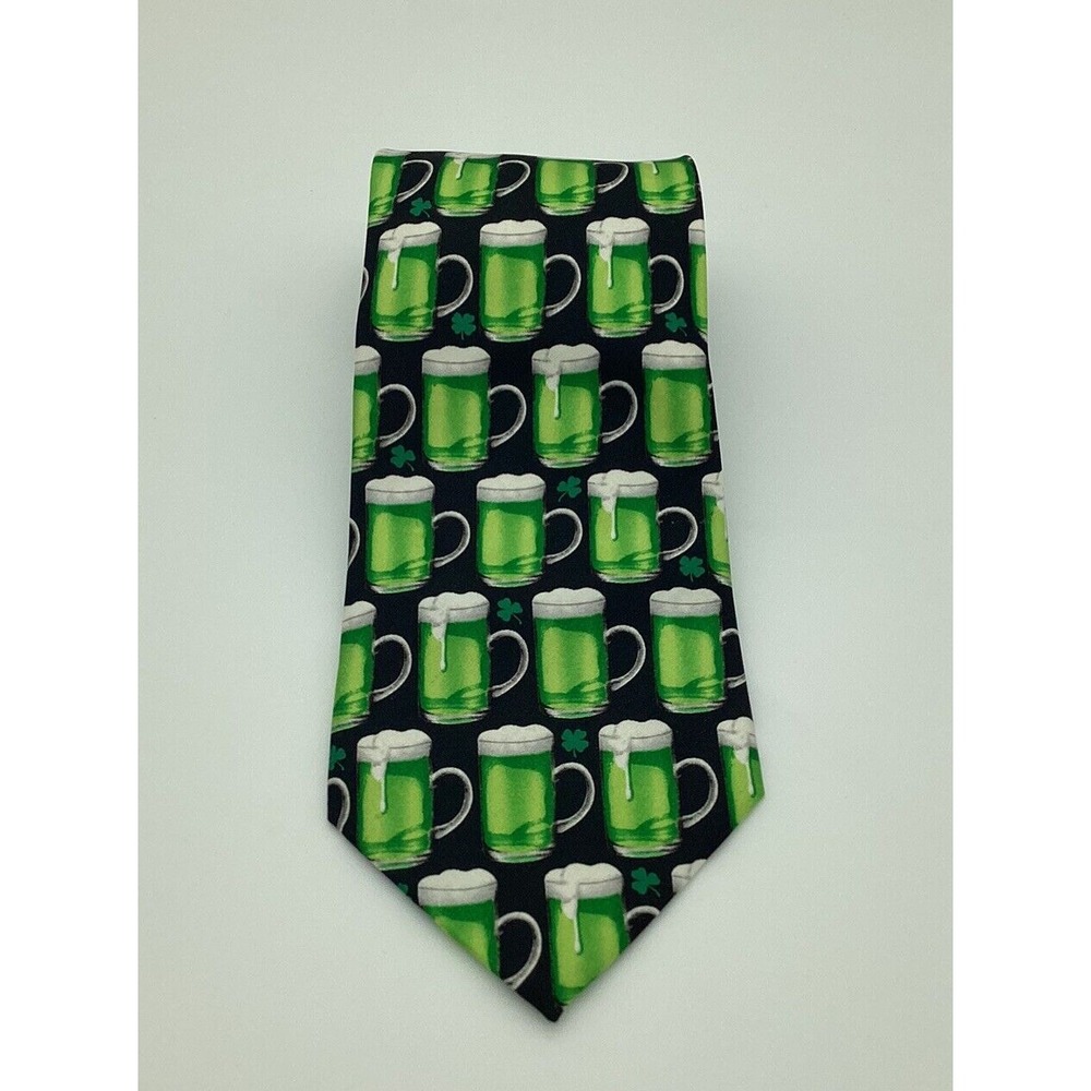 Happy St Patricks Day Beer Mug Shamrocks Necktie 100% Silk Hand Made